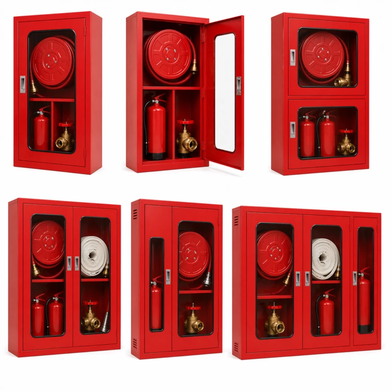 Combination cabinet housing hose reel and extinguisher