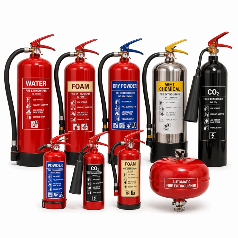 Portable and wheeled fire extinguishers grouped on a light product stage