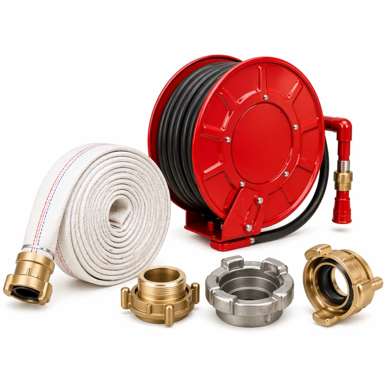 Layflat fire hose, hose reel and brass couplings