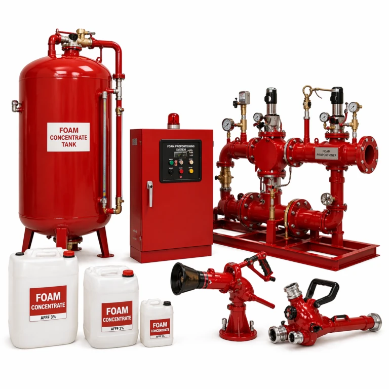 Foam suppression tanks, proportioning equipment and discharge components